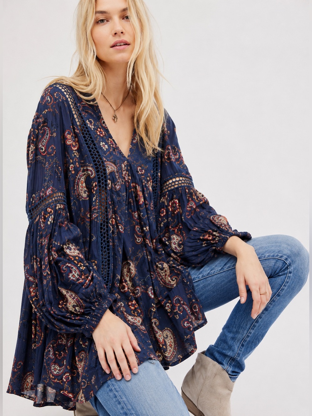 Free People Just The Two Of Us Paisley Tunic M Boho Babydoll Relaxed Cottage